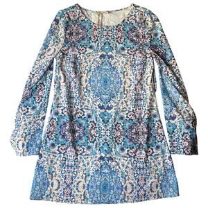 Mimi Chica Women Dress size S Long Sleeve Above Knee Crew Neck Floral Blue White